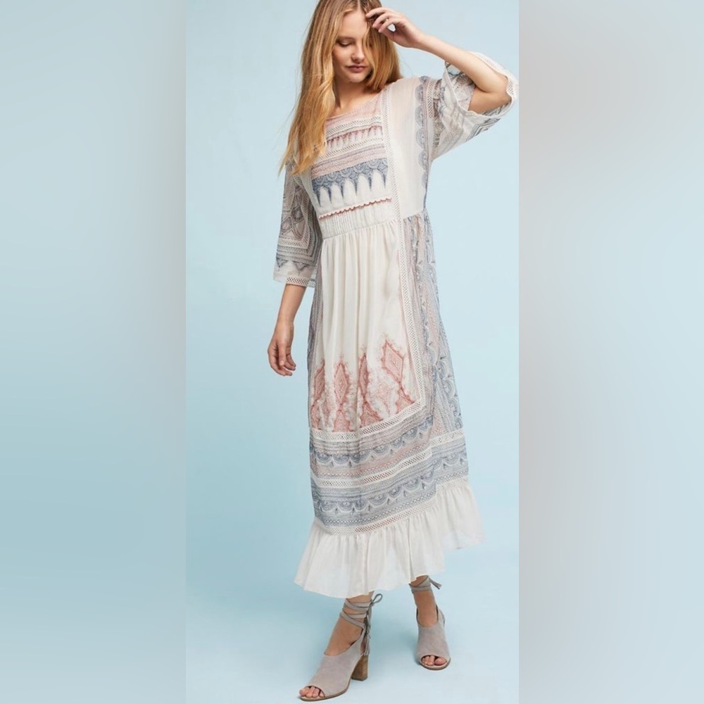 Anthropologie Maeve Toronto Womens Boho Embroider Peasant Midi Dress Bell Sleeve - Picture 4 of 13